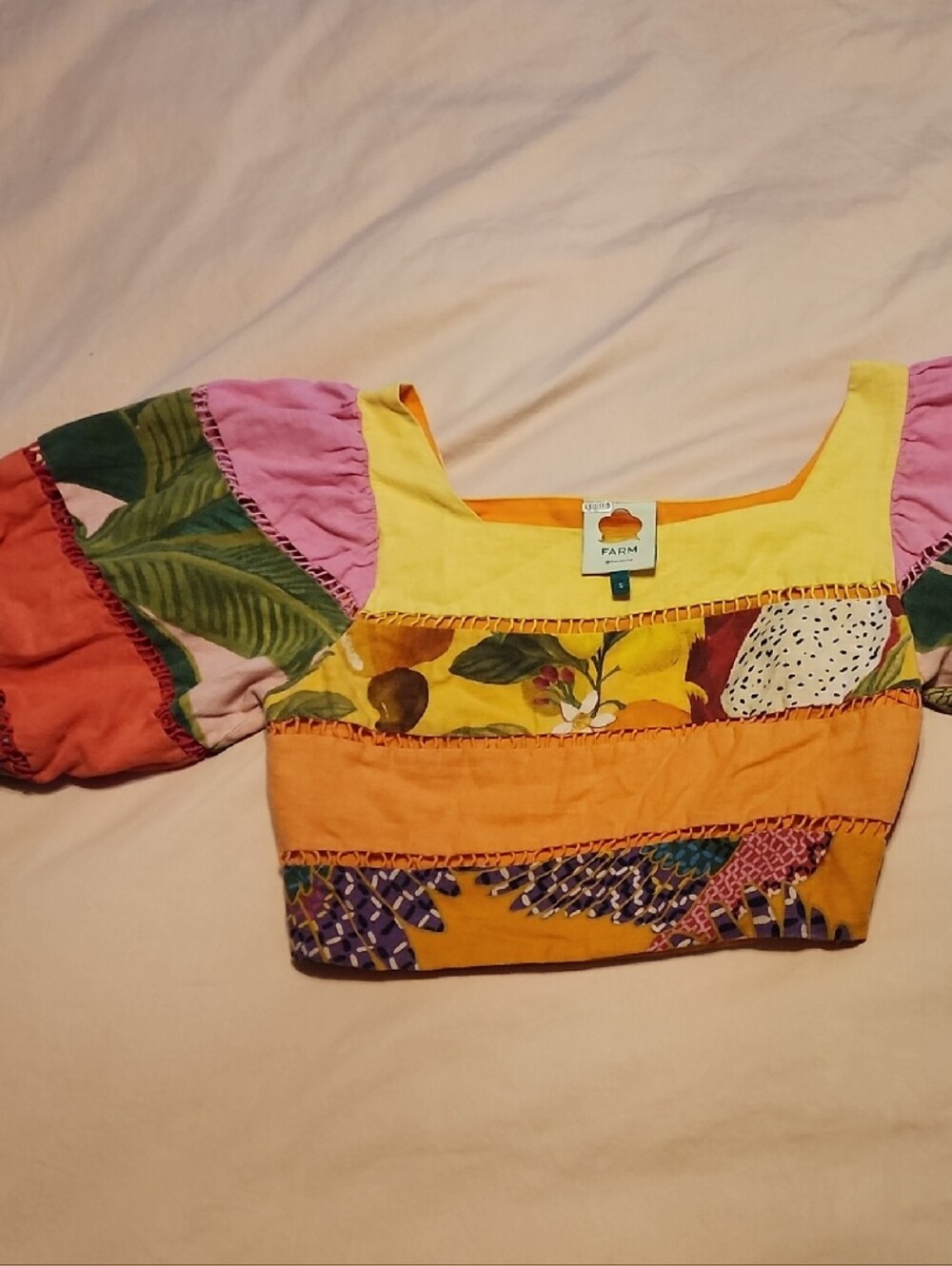 FARM Rio Multi-Color Patchwork Crop Top - Yellow, Orange, Pink, Green